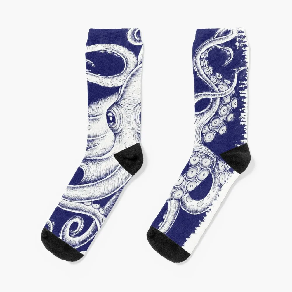 Calcetines de tinta cepillada monocromática azul para hombre y mujer, medias retro de moda japonesa, tentáculos de pulpo, Crossfit