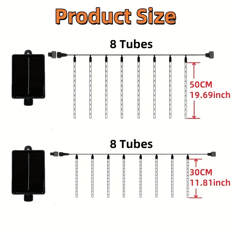 Solar Powered 192LEDs Meteor Shower Lights 30cm 8 Tubes Waterproof Raindrop Falling Fairy String Lights for Outdoor Decor