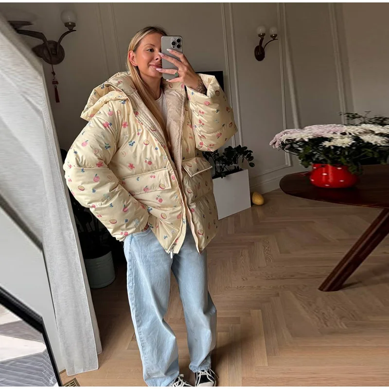 Unique Hooded Women's Winter Jacket Elegant Printed Thicken Pockets Full Sleeve Female Cotton Coat 2025 New Woman Coats Outwears