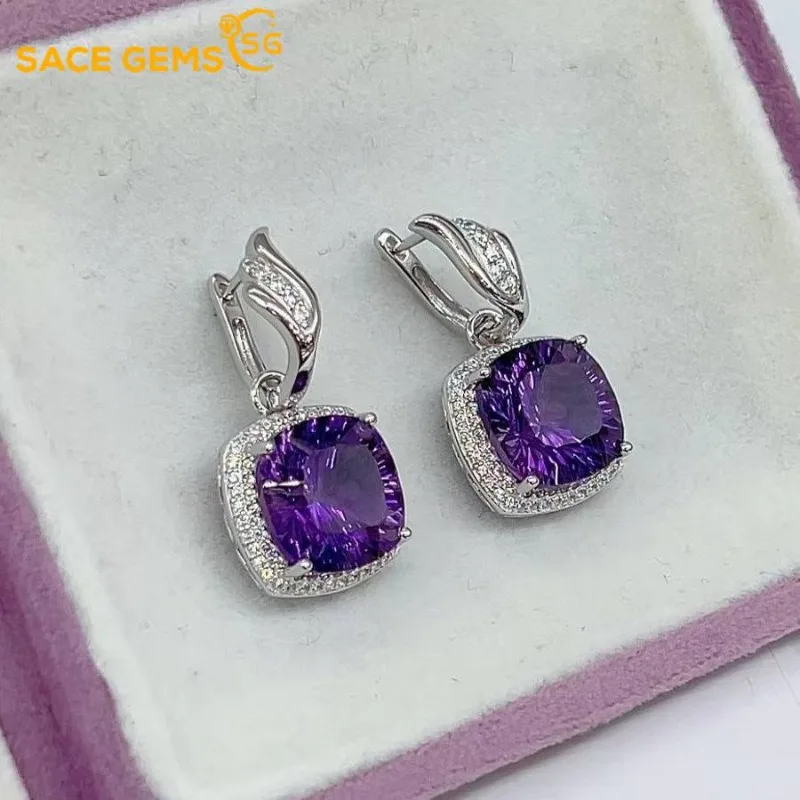 

SACE GEMS Fashion Jewelry Earrings for Women 925 Sterling Silver 13MM Natual Amethyst Ear Clip Wedding Party Fine Jewelry Gift