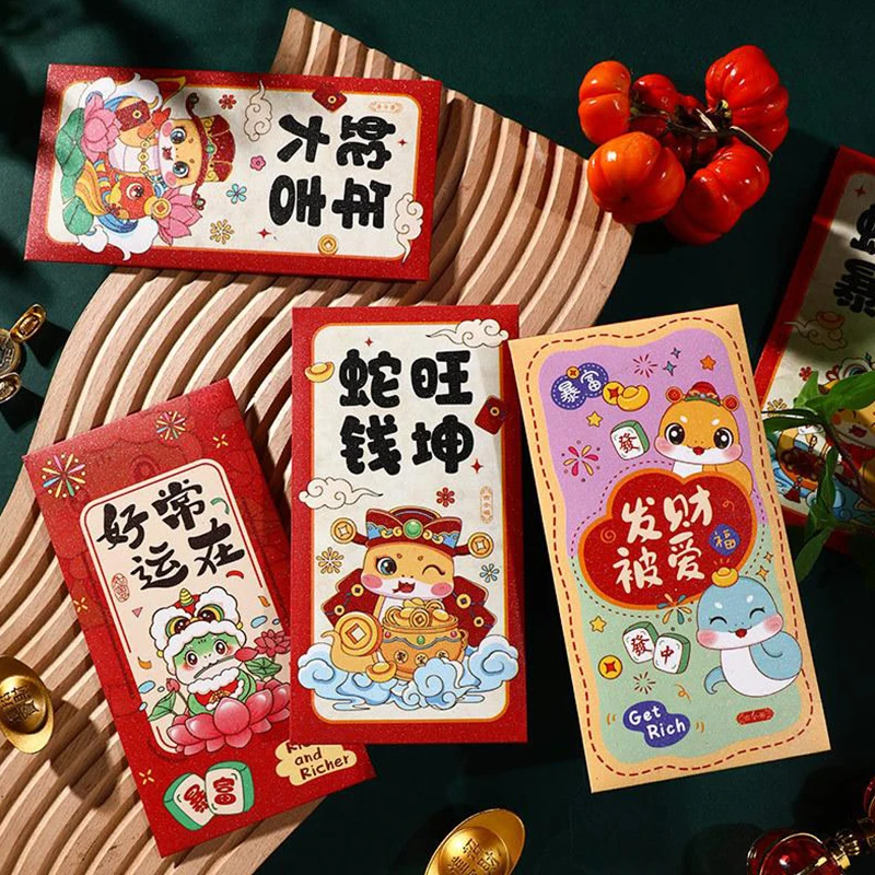 6Pcs 2025 Snake Year Red Envelopes Cartoon Cute Spring Festival Lucky Money Pockets New Year Red Packet