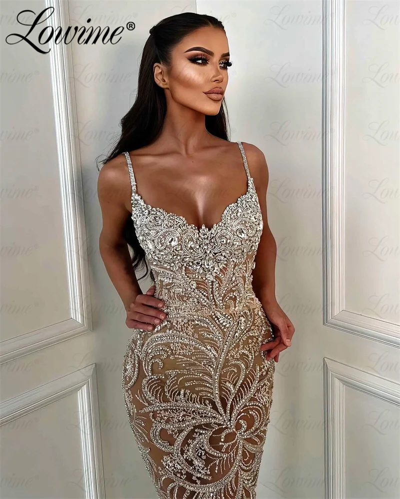 Luxury Champagne Evening Celebrity Dresses Silver Crystal Spaghetti Straps Wedding Party Dress Customized Prom Engagement Gowns