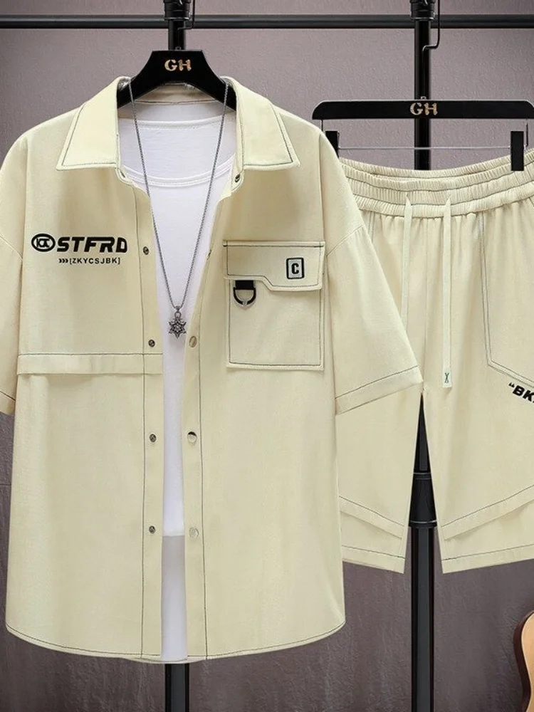 New Summer Classic Fashionable Sports Fitness Breathable Short Sleeve Shirt Set Men's Casual Loose Plus Size Two-Piece Set - view 5
