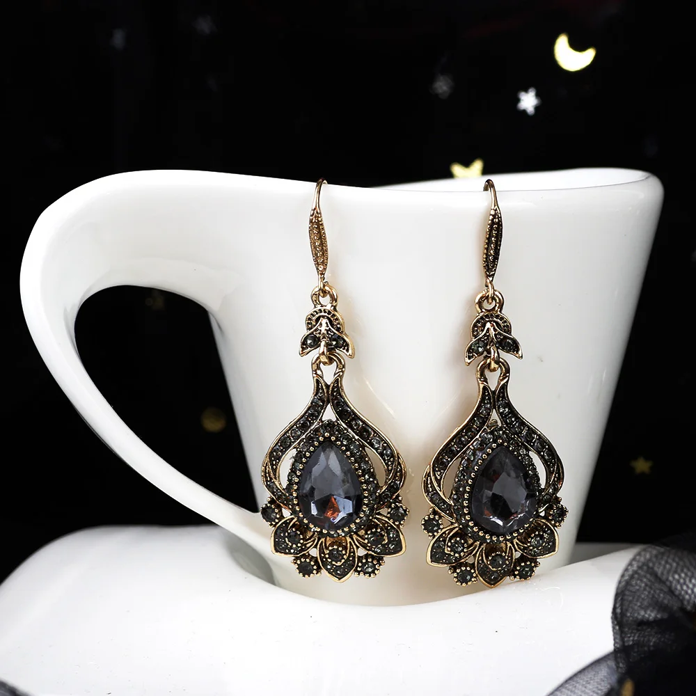 Sunspicems Luxury Boho Gray Crystal Earrings For Women Antique Gold Color Party Drop Earring Turkish Vintage Jewelry Bridal Gift