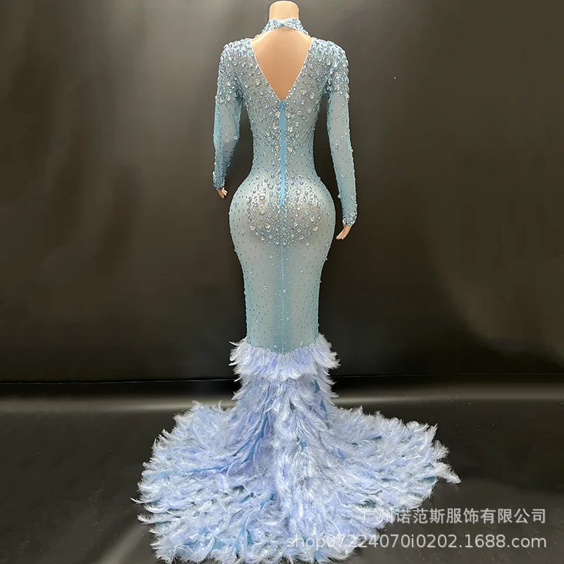 2025 Niche Light Luxury Light Blue Feather Fashion Trailing Dress Birthday Party Shiny Performance Clothes Annual Meeting Dress