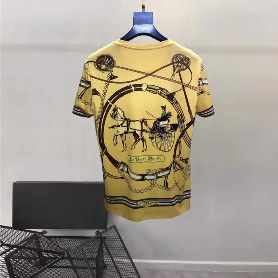 European and American men's 2023 summer new Round neck Short sleeve horse drill printing fashion Yellow T-shirt