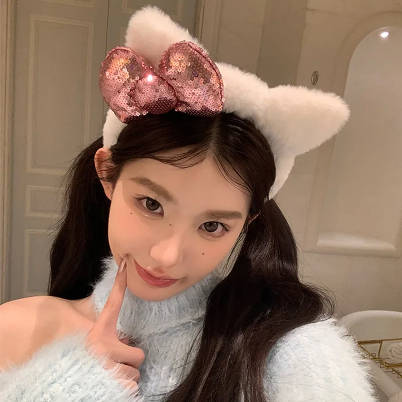 

Sanrio Headband Cat Ear Plush Bow Photo Hair Band Cartoon Anime Hair Accessories Princess Sweetheart French High-quality Gifts