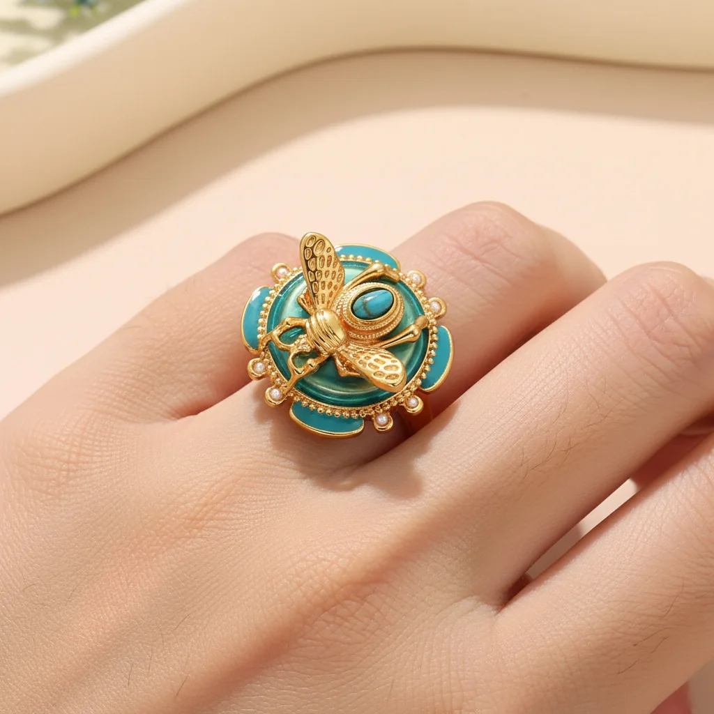 Elegant Green Enamel Bee Ring - Gold Plated Open Cuff Ring with Turquoise & Pearl Beads - Fashion Jewelry Gift - Image 5