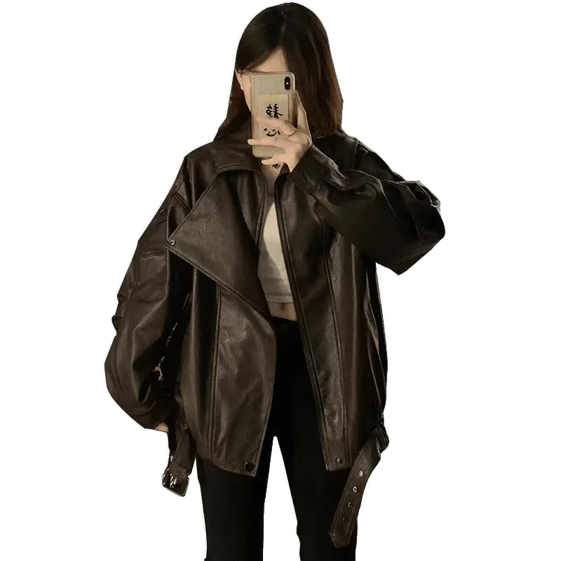 معاطف نسائية من جلد البولي يوريثان الصناعي سترات متينة بحزام وسحاب وياقة مقلوبة وأكمام طويلة ملابس خروج غير رسمية فضفاضة لربيع وخريف 2025