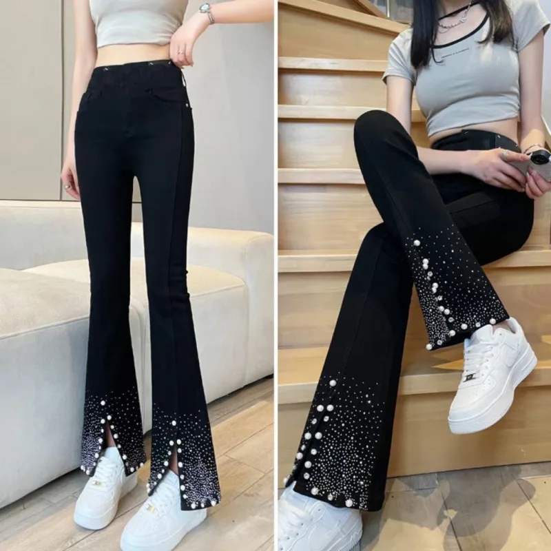 

Black high-waisted slit micro-flare high-stretch washed women's flared pants with pearl embellishments