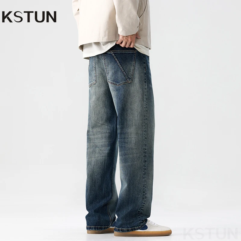 

KSTUN осенние широкие джинсы мужские свободные прямые брюки стрейч уличная одежда высокого качества модные дизайнерские мужские брюки с карманами
