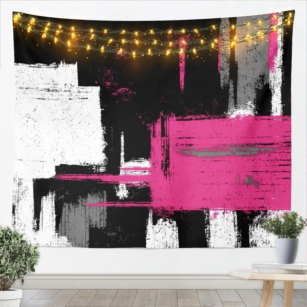 Hot Pink Black White Tapestry for Kids Boys Girls Abstract Morden Wall Art Buffalo Check Wall Hanging Blanket Bedroom Decor