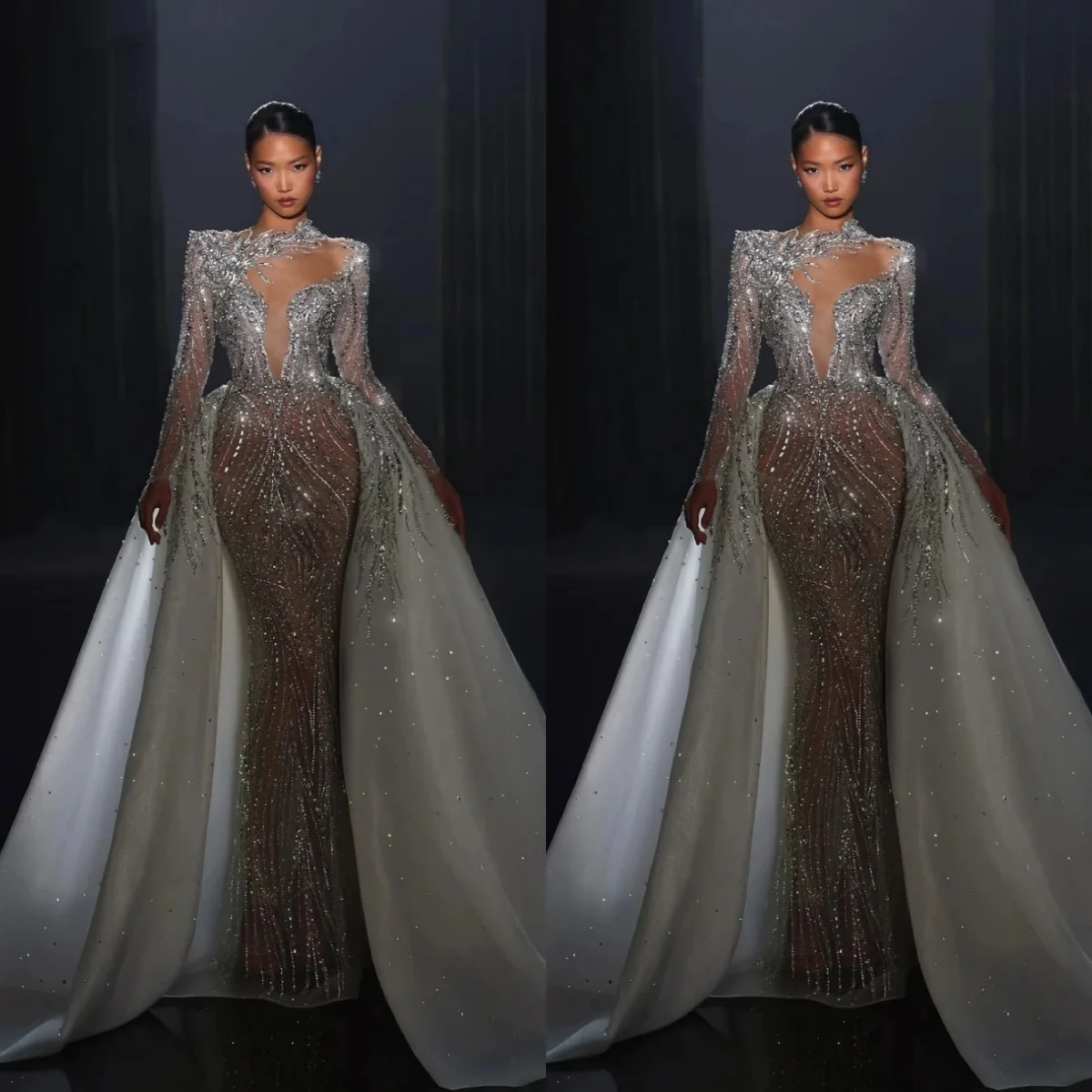 

Sexy High Neck Sequined Prom Dresses Sparkly Long Sleeve Evening Dress Customized Floor Length Party Cocktail Gown