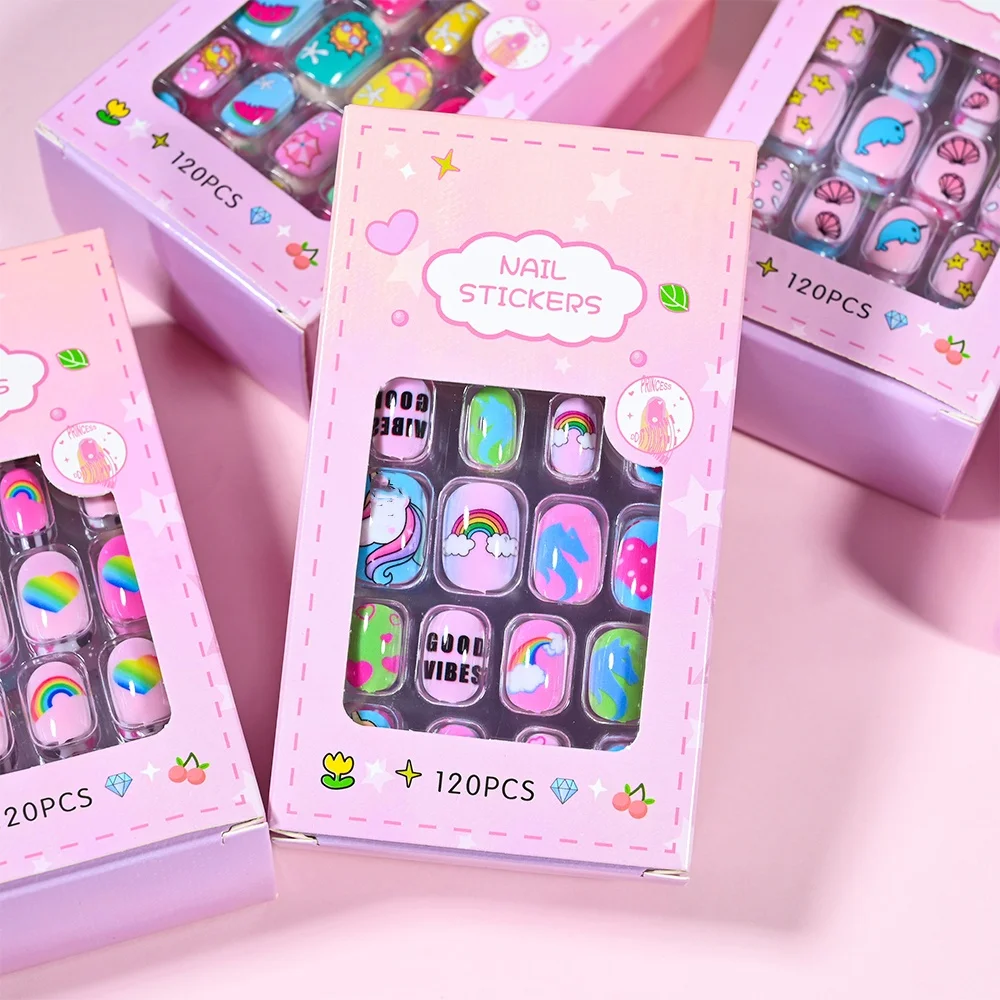 120-teiliges 5er-Set Candy Kids Press-On Nails Kinder-Nagelspitzen für Kinder, künstliche Nägel für Mädchen, bunt, Festival, vollständige Abdeckung, Nägel, Maniküre-Werkzeug – Detail 9