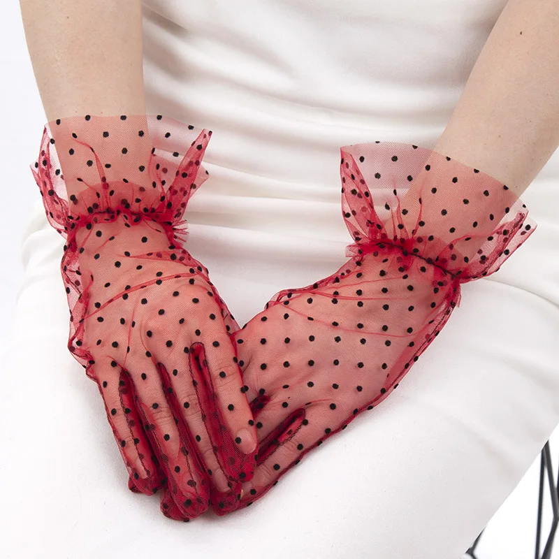 

1Pair Sexy Polka Dot Lace Gloves for Women Short Tulle Stretchy Lotus Leaf Sheers Flexible Full Finger Fashion Accessories