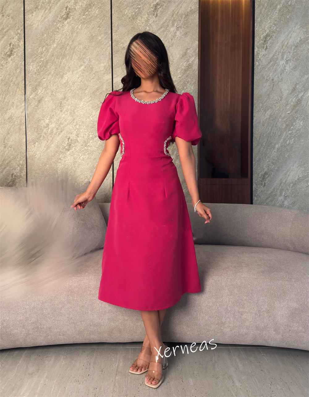 Vestidos Midi personalizados con diamantes de imitación y cuello redondo, corte en A, manga abombada, ocasión a medida, vestido de fiesta de bienvenida, exquisito Formal