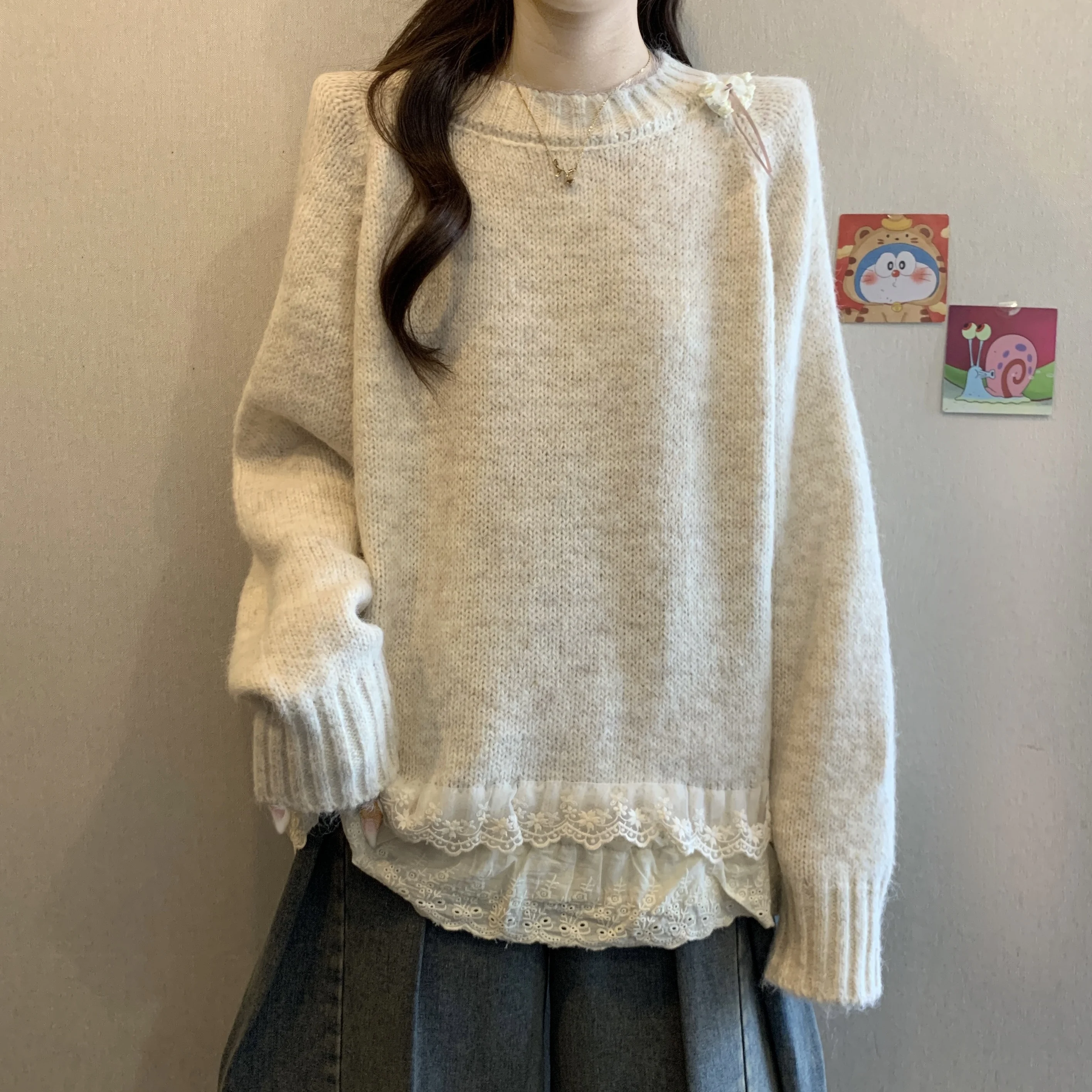 

High-End Women's Lace Knitted Sweater Large Size Autumn Winter New Sle Breathable Comfortable Long Sve round Ne Top