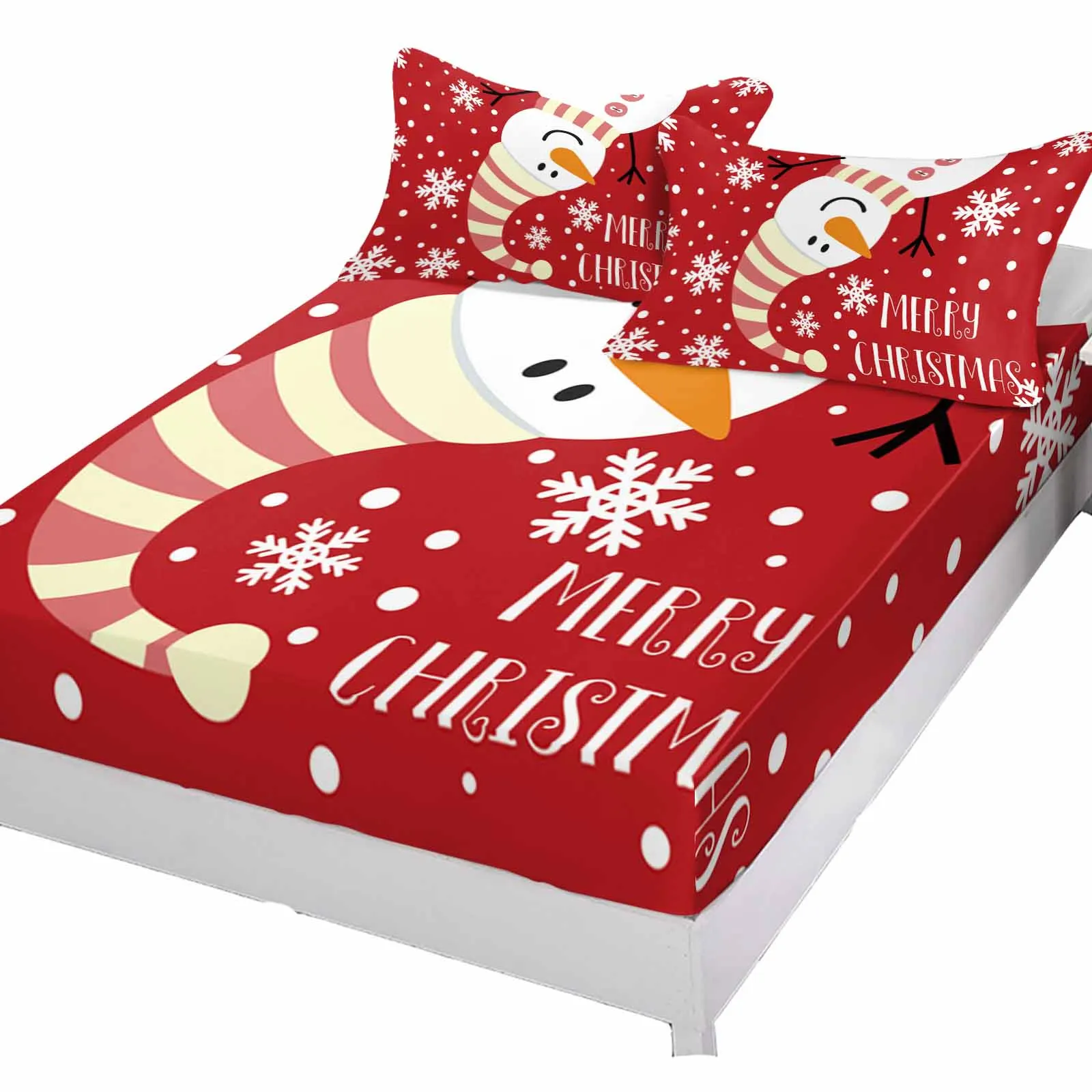 Christmas Snowman Pattern Snowflake Queen Size Bed Mattress Fitted sheet Elastic Rubber Band Non-slip Bed Sheet Pillowcase Set