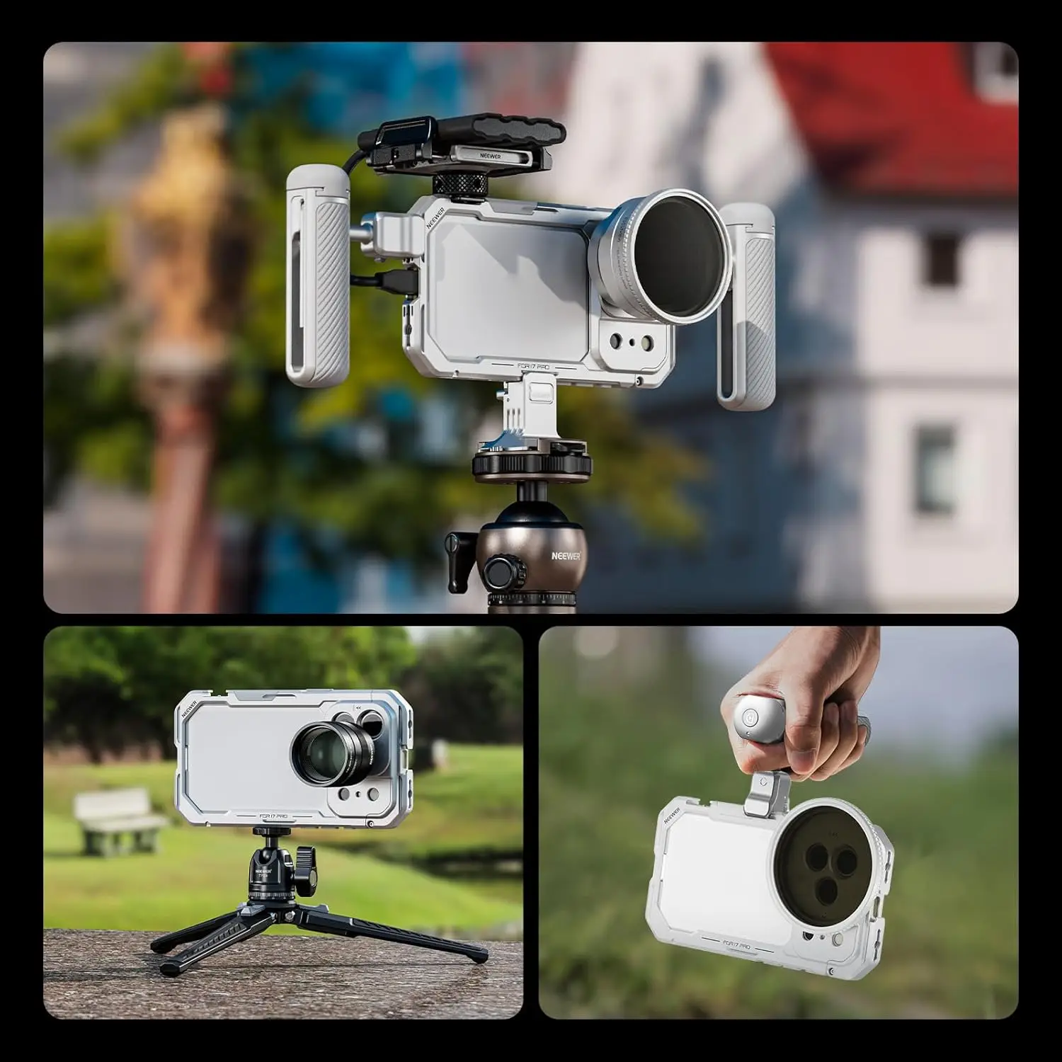 NEEWER Klatka operatorska do telefonu z szybkozłączką, stabilizator wideo, akcesoria z pierścieniem filtrującym 67 mm i płytką tylną 17 mm do iPhone'a 17 Pro — zdjęcie produktu 6