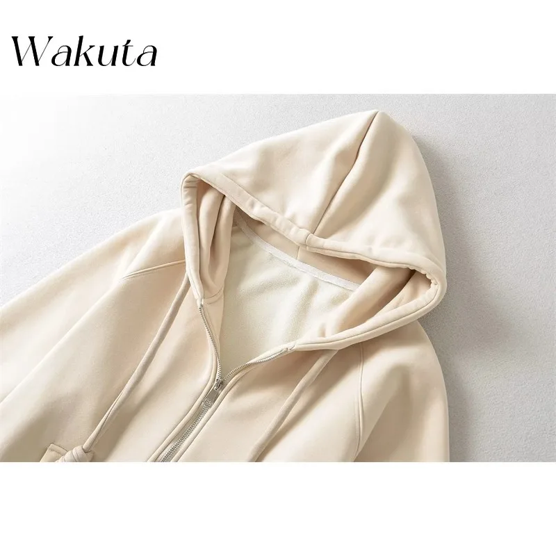 WAKUTA Classic Autumn/winter Hooded Sweatshirt Drawstring Fleece Double Pocket Loose Casual Cardigan Long Sleeved Sweatshirts