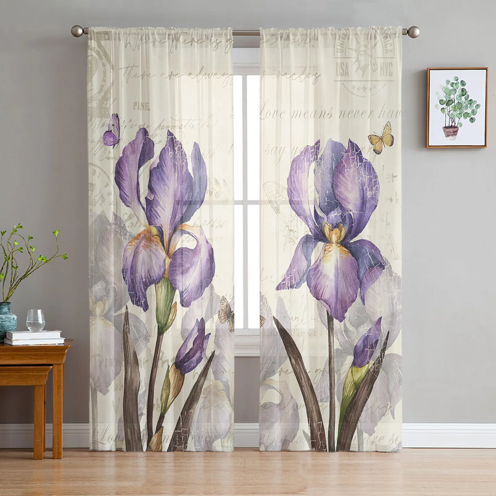 

Vintage Butterfly Purple Iris Sheer Curtains Modern Gauze Curtain for Living Room Bedroom Voile Yarn Curtains