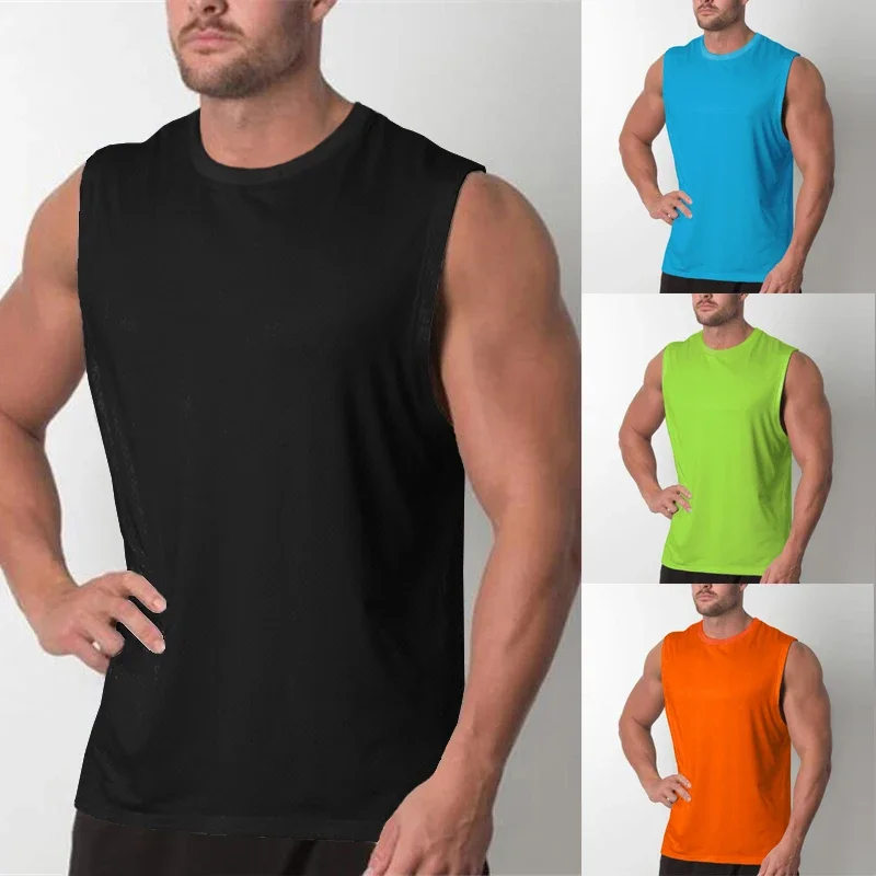 FITNESS SHARK Men Quick Dry Bodybuilding Stringer Singlets Mesh Sleeveless Blank T Shirt Fitness Breathable Vest