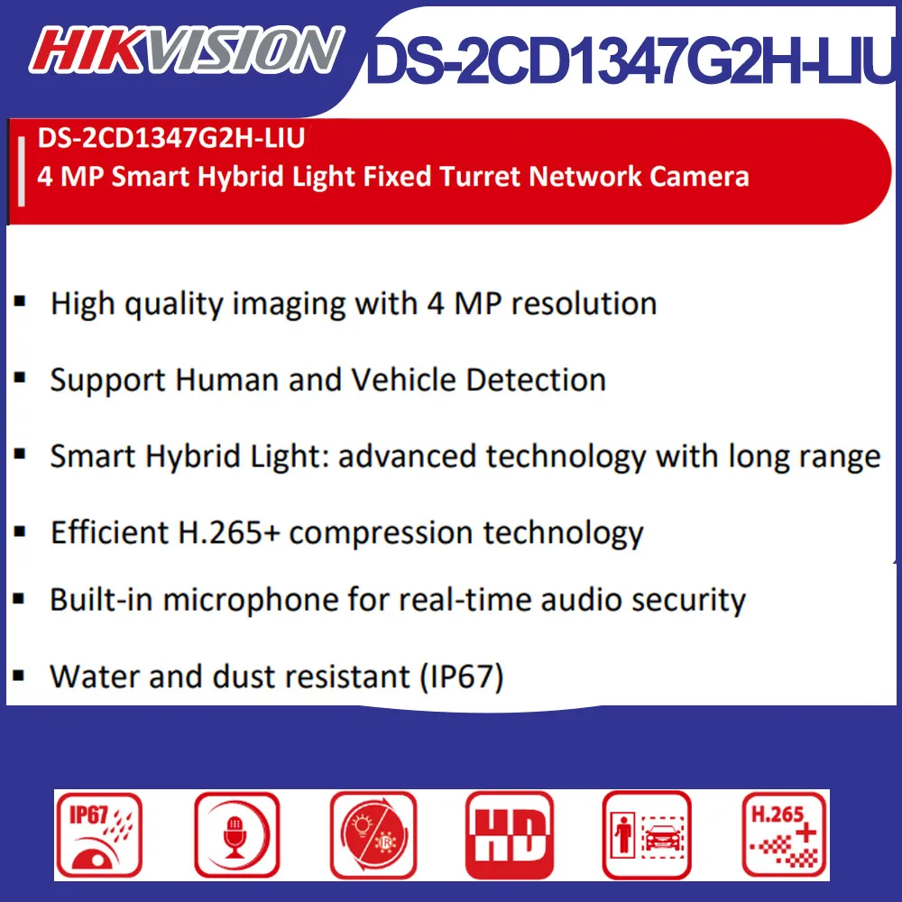 Hikvision DS‑2CD1347G2H‑LIU 4MP ColorVu Smart Hybrid Light POE Turret IP Camera Built‑in Mic Human Vehicle Detection IP67 H.265+