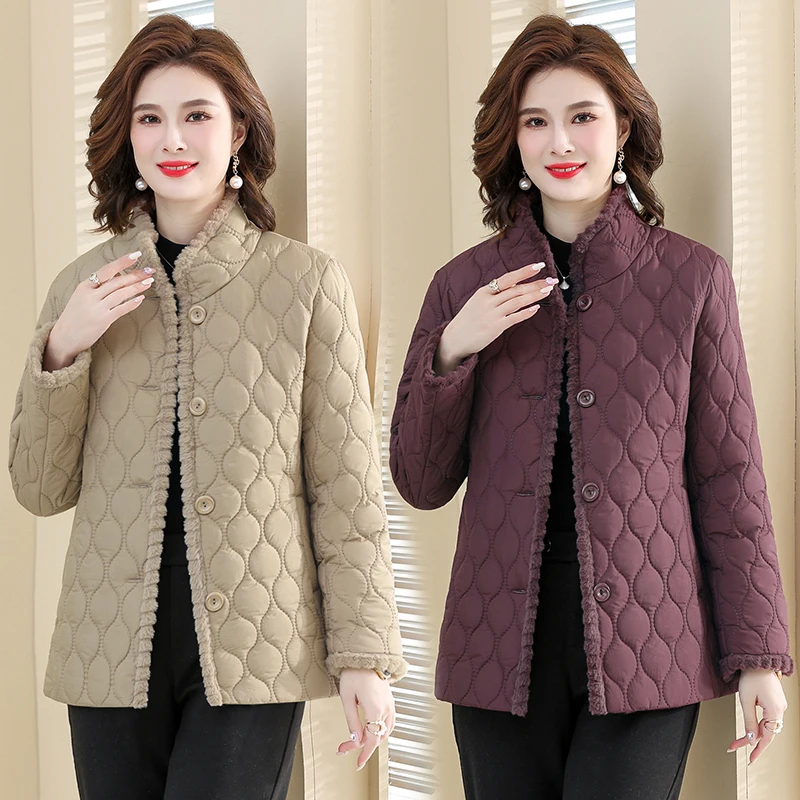 New Down cotton Padded Coat lapel Quilted Jacket Middle-aged Women\'s Coats Autumn Winter Plus Velvet Thick Warm Mother Outwear