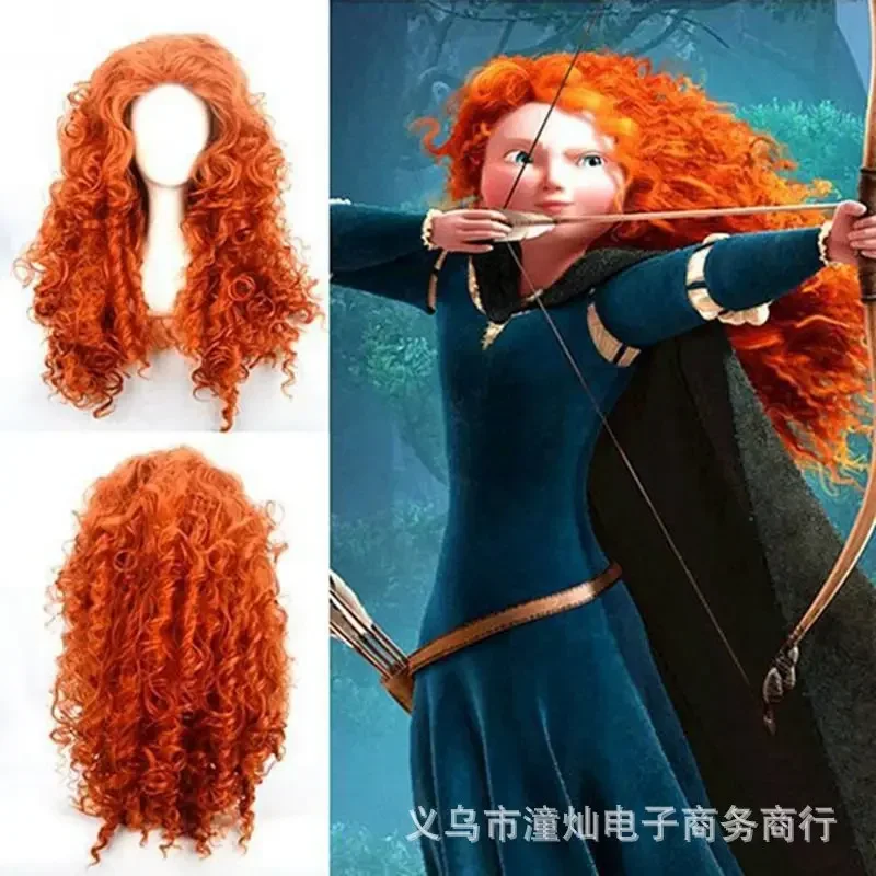 New 2025 Anime Wigs Legend Merida Brave Princess Cosplay Orange Long Curly Synthetic Hair Free Wig wat158