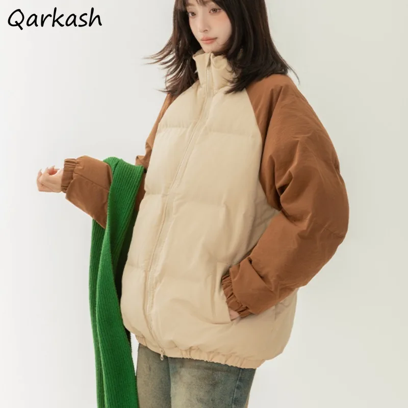 Parkas Women Winter Sweet Preppy Style Coats College Plus Velvet Stand Collar Patchwork Streetwear Couples American Fashion Ins