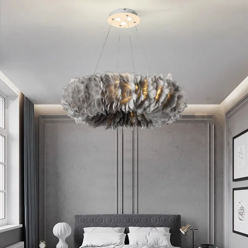 Nordic Style Round Feather Chandelier Adjustable Hanging Wire LED Bedroom Restaurant Hall Cafe Living Room Home Lighting Fixture