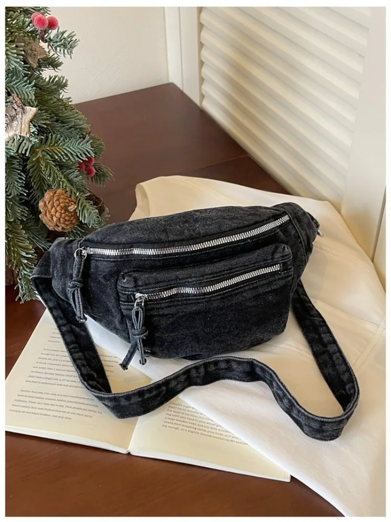 Damen Vintage Washed Denim Tasche mit Mehreren Taschen, Verstellbarer Riemen Crossbody Gürteltasche für Tägliche Aufgaben und Outdoor-Aktivitäten – Detail 13