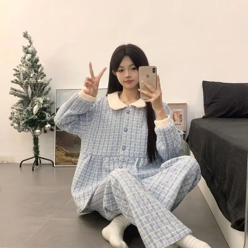 

autumn winter Women's pajamas keep warm new model Sleepwear suit Cotton Pajama Set homewear Long Sleeve Pajama Set thicken