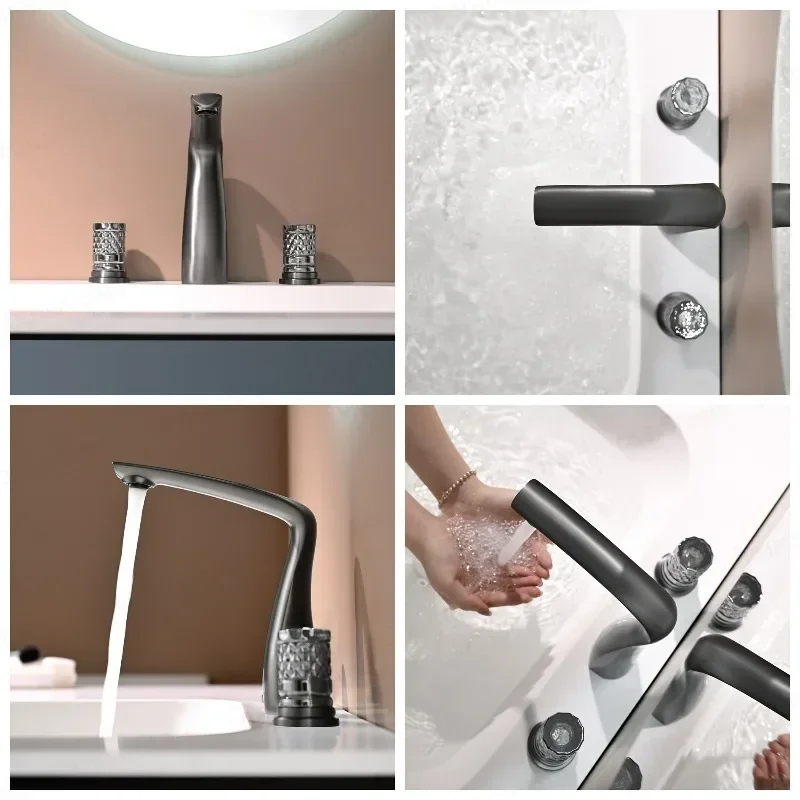 Modern Solid Brass Brushed Gold Bathroom Faucet Hot Cold Mixer Taps Three Hole Vanity Sink Mixer Tap