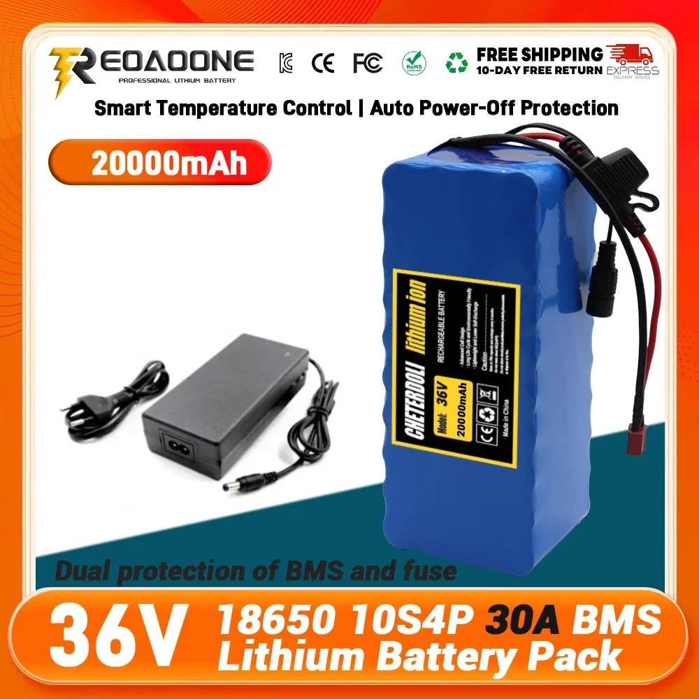 

10S4P 36V 20000mAh Electric Scooter/Bike Lithium Battery 18650 battery pack 36V 20Ah 30A BMS 500-1000W Motor Portable Power