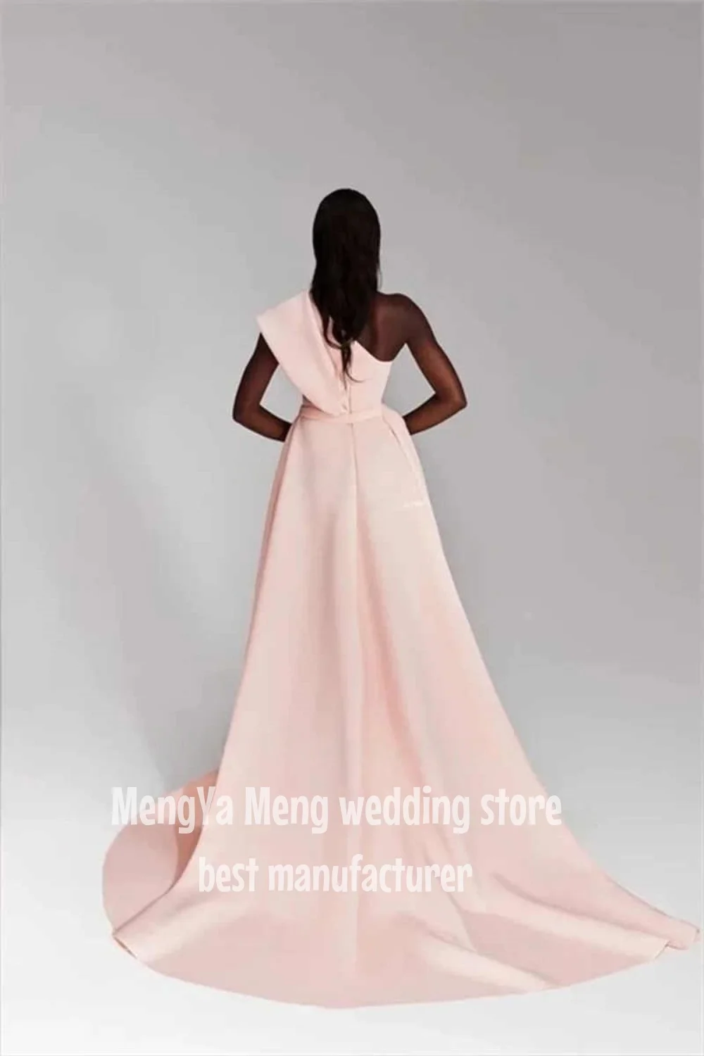 ZHUISHU One Shoulder Long Straight Prom Dress Light Pink Women Wedding Party Dress Photoshoot Pleats Satin Customized