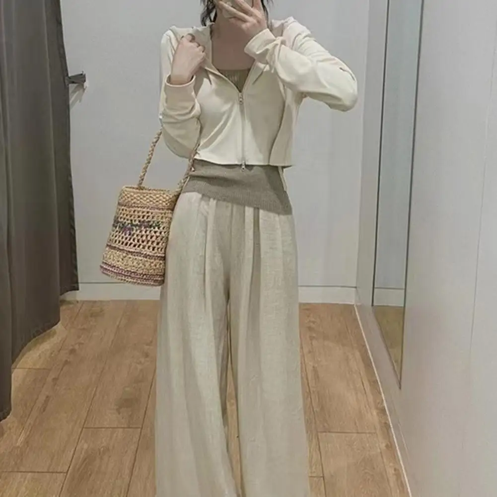 

Women Pants High Elastic Waist Wide Leg Loose Solid Color Pleated Deep Crotch Soft Breathable Full Length Lady Long Trousers