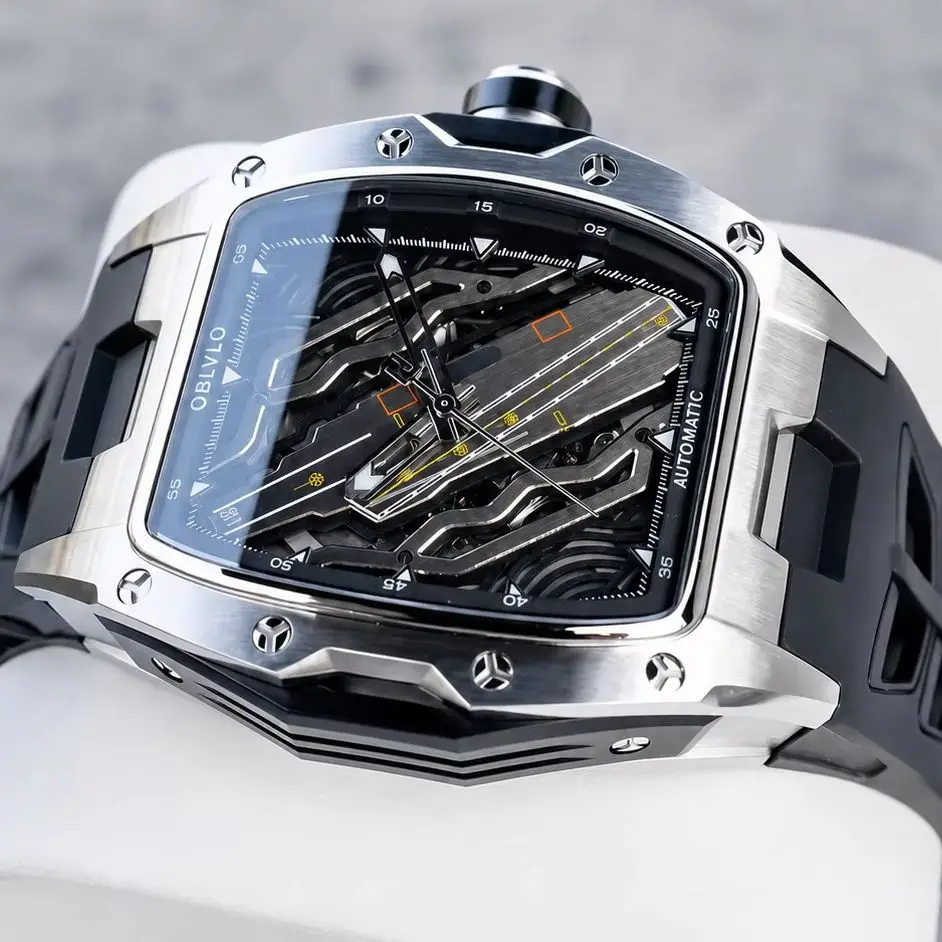 OBLVLO Men's Skeleton Automatic Mechanical Watch 50M Waterproof Large Tonneau Dial Silicone Strap Luxury Wristwatch