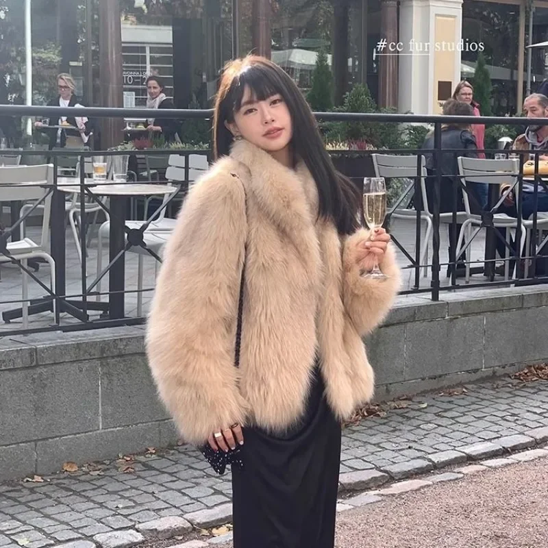 Winter Female New Imitate Fox Fur Coat Top 2024 Women Short Loose Fur Coat Youth Standing Collar Coat Solid Color Warm Cardigan