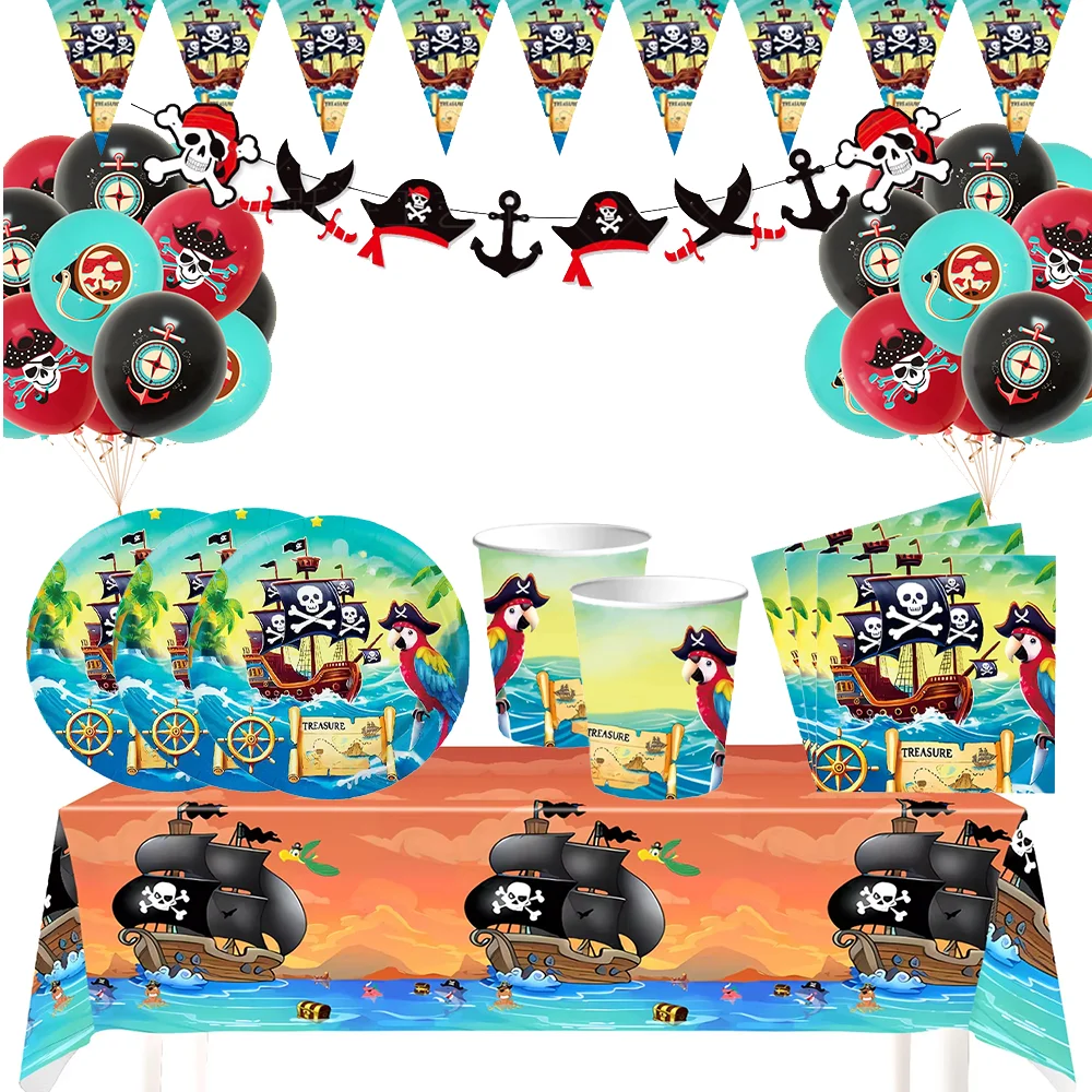 Пиратская вечерние посуда, бумажные тарелки, салфетки, череп на Хэллоуин, пиратский капитан, повязка на глаз, кольцо, ожерелье, брелок, украшение, посуда