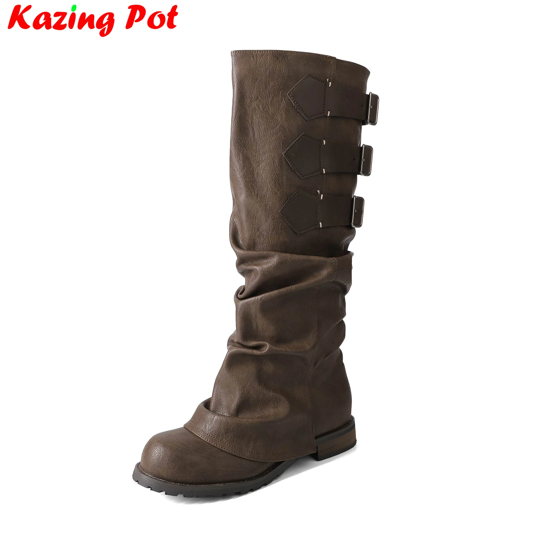 Krazing Pot Retro Cow Split Leather Modern Western Boots Casual Winter Fall Pleated Belt Buckle Comfort Women Thigh High Boots