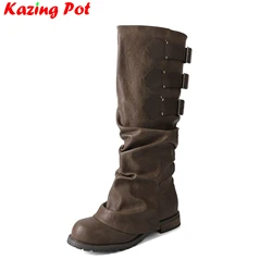 Krazing Pot Retro Cow Split Leather Modern Western Boots Casual Winter Fall Pleated Belt Buckle Comfort Women Thigh High Boots