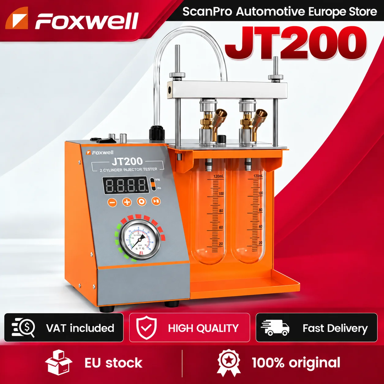 Foxwell JT200 12V Einspritzdüsen-Tester und -Reiniger 4-IN-1 Auto- und Motorrad-Einspritzdüsen-Diagnosegerät für Reparaturwerkstätten