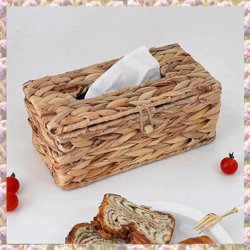 

3X Ins Water Hyacinth Woven Tissue Box Rattan Woven Lid Sanitary Box Household Living Room Pumping Paper Box Storage