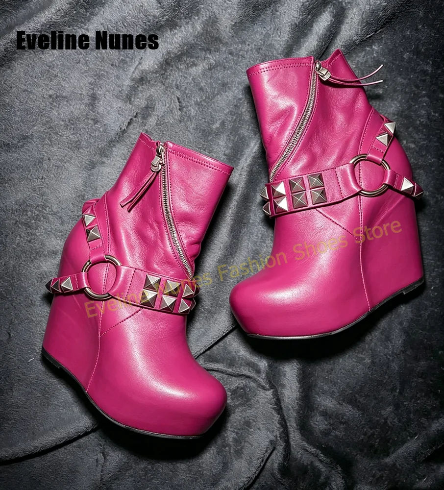 Women White Wedge Ankle Boots Studded Strap Decor Round Toe Platform Booties Goth Punk Club Fashion Outfits Shoes 2026 New Trend