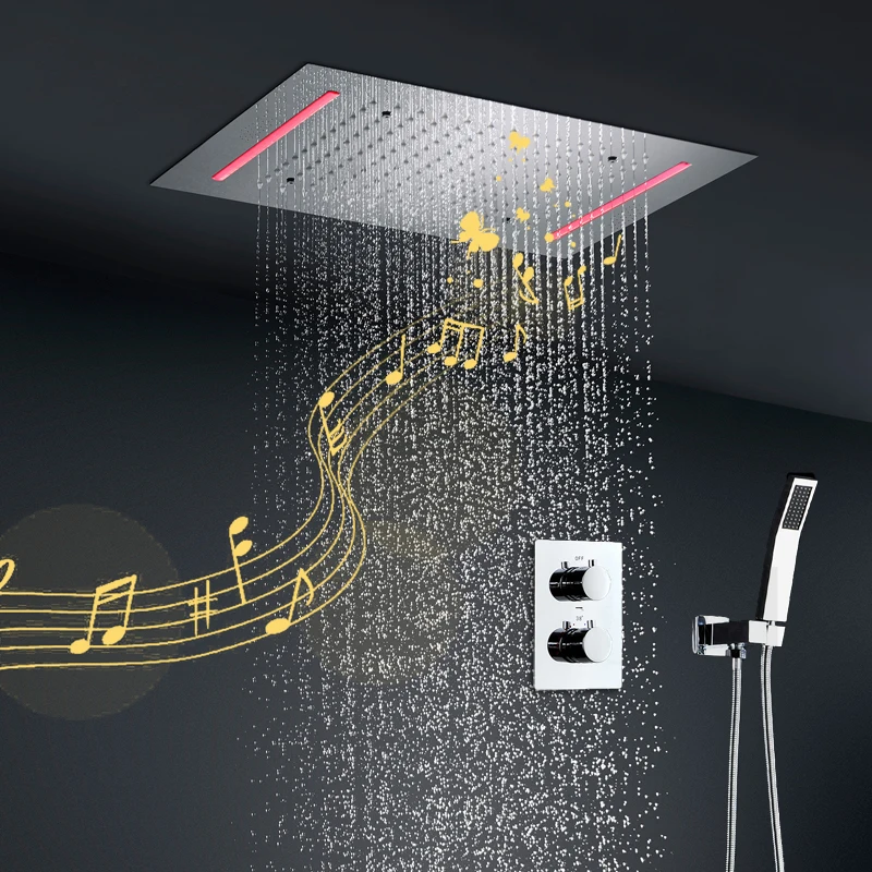 

Music Shower System 360x500mm LED Rainfall Showerhead Thermostatic Diverter Valve chrome surface