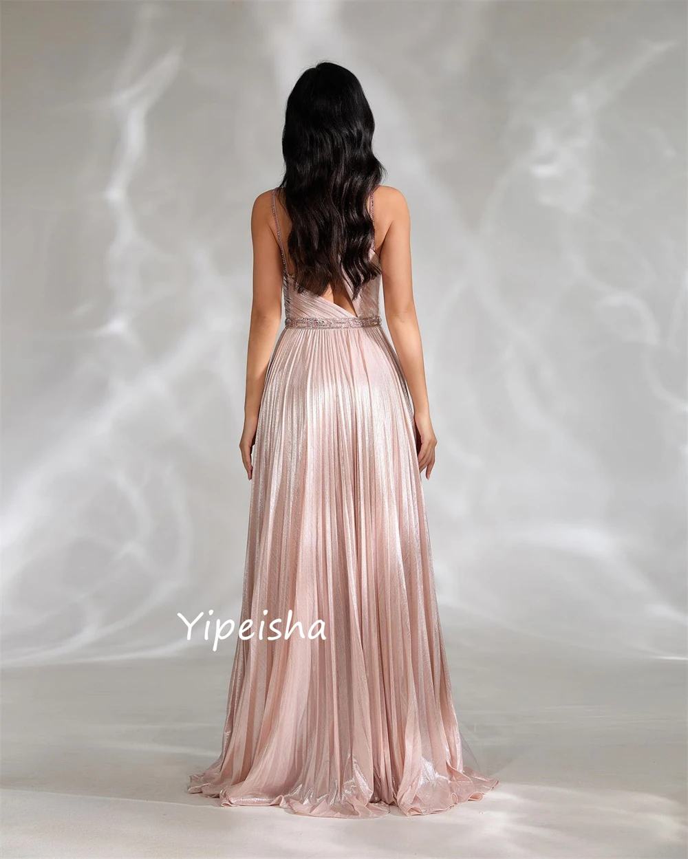    Exquisito vestido de noche Formal con cuello Halter, corte en A, cuentas, lentejuelas, drapeado, tul, largo hasta el suelo, satén