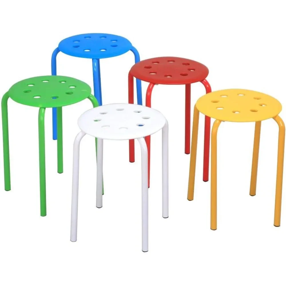 Set of 5 Classroom Stackable Stools Plastic Stack Stools Blue/Green/Red/White/Yellow Bar Stools Set 17.3in Height