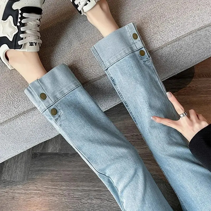 

Slimming High Waist Straight Leg Denim Jeans Women's American Retro Style Folded Cuff Smoking Pipe Design Nine Points Pants