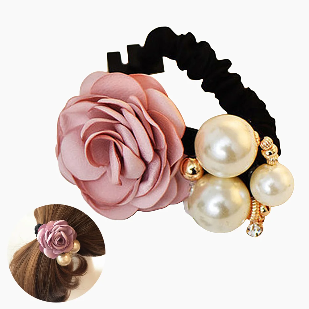 

Women Satin Ribbon Rose Ponytail Hair Band (Pink) Ponytail Hair Bands Flower Pearl Hair Rope Flower Pearl Hair Tie